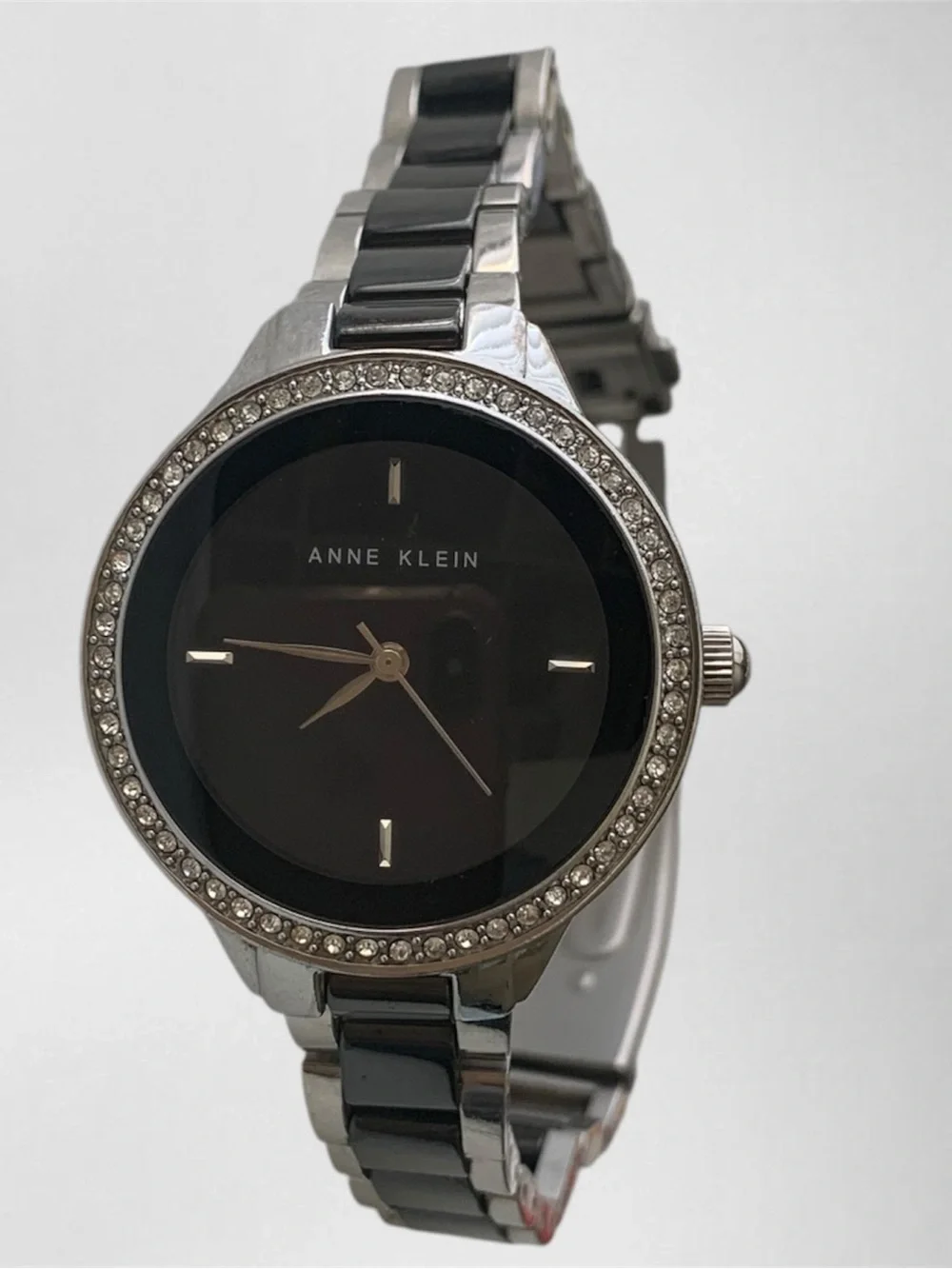 Anne Klein Black and Silver Crystal-Trim Women's Bracelet Watch